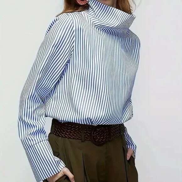 Striped Button Detail Sleeve Turtleneck Blouse - Picture 2 of 4